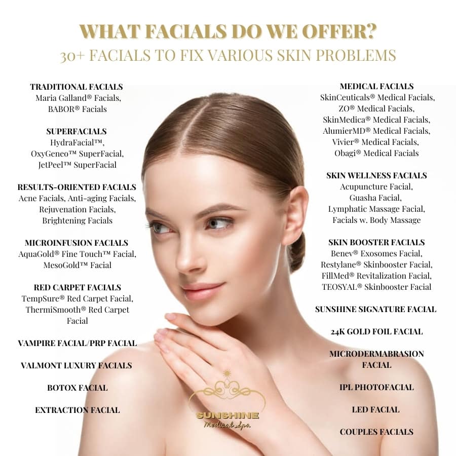 Our Facials Waterloo Kitchener services include over 30 different types of facials. Sunshine Cosmetic Clinic & Medi Spa is simply THE LARGEST and THE BEST facial provider in Kitchener Waterloo area.